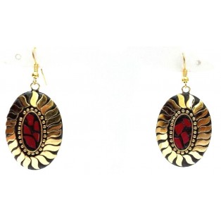 Retro Metal Earring - Ethnic Tribal Fusion - Drop Dangle Hook Long - Leafy Gold 1